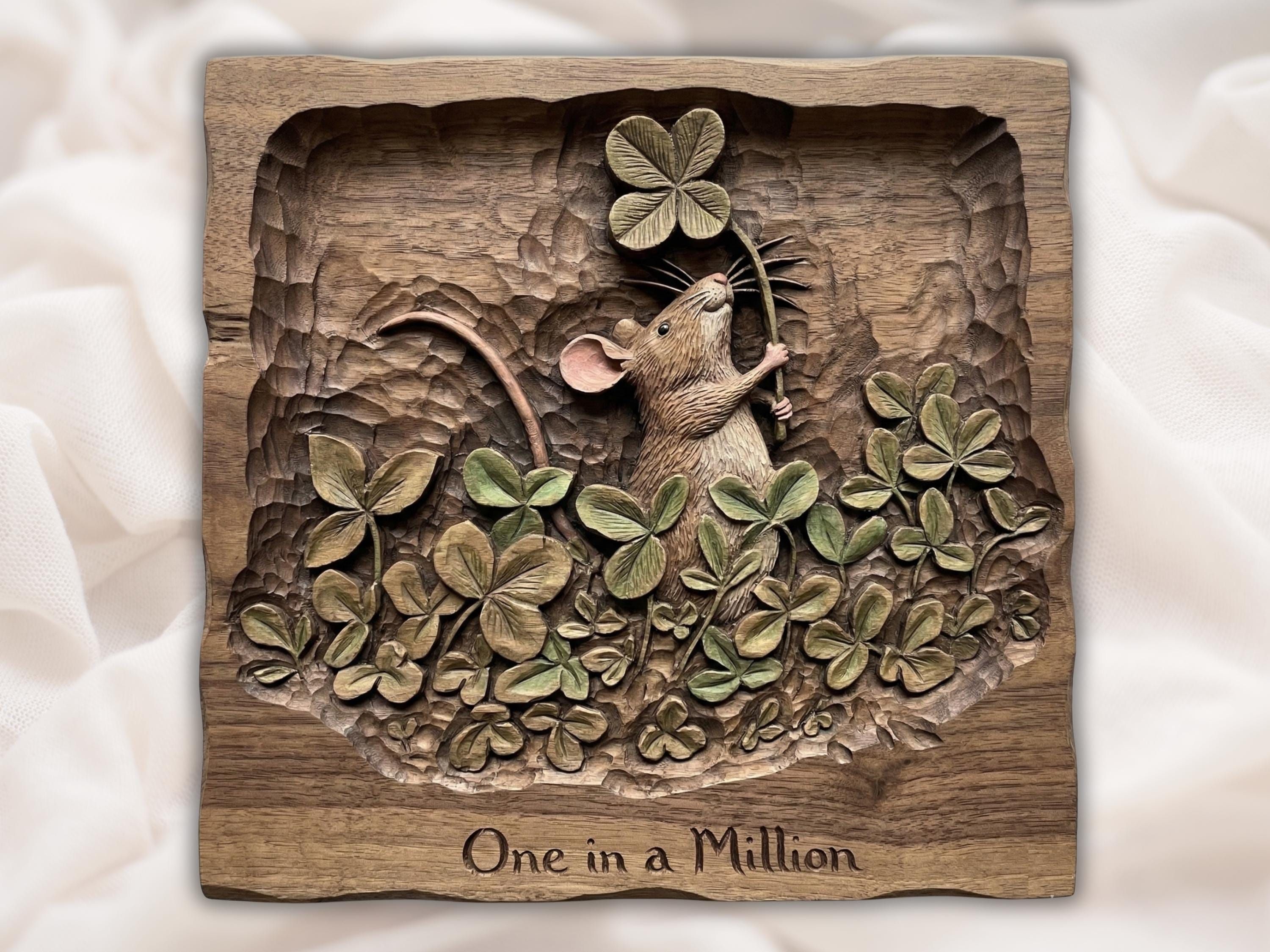 Carved wood relief of a mouse holding a four-leaf clover above a bed of clover leaves