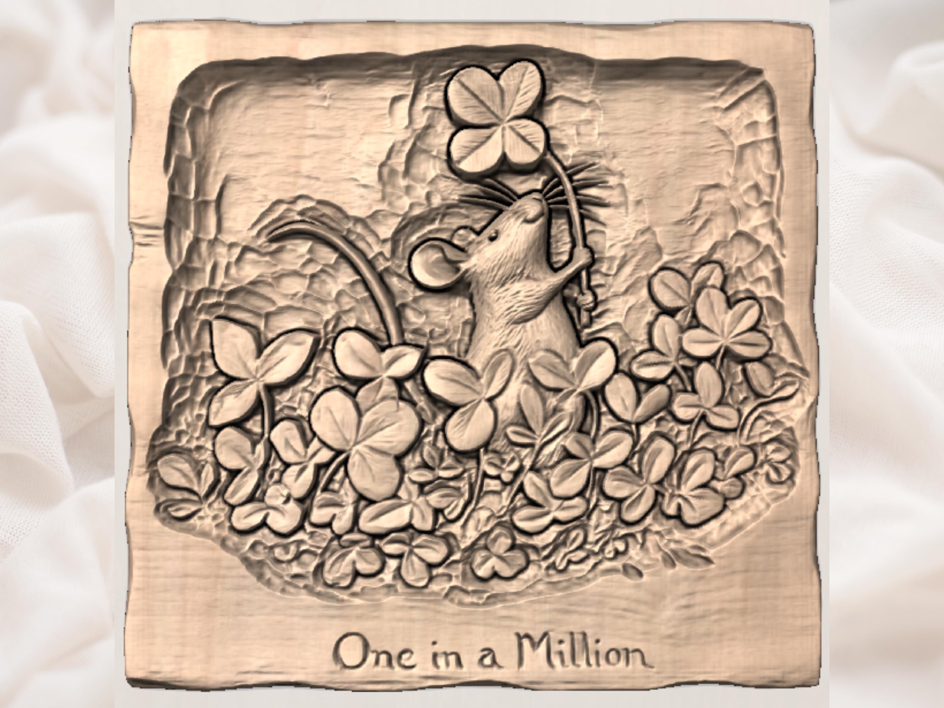 One in a Million Mouse and Four-Leaf Clover Relief bas-relief STL — view 2