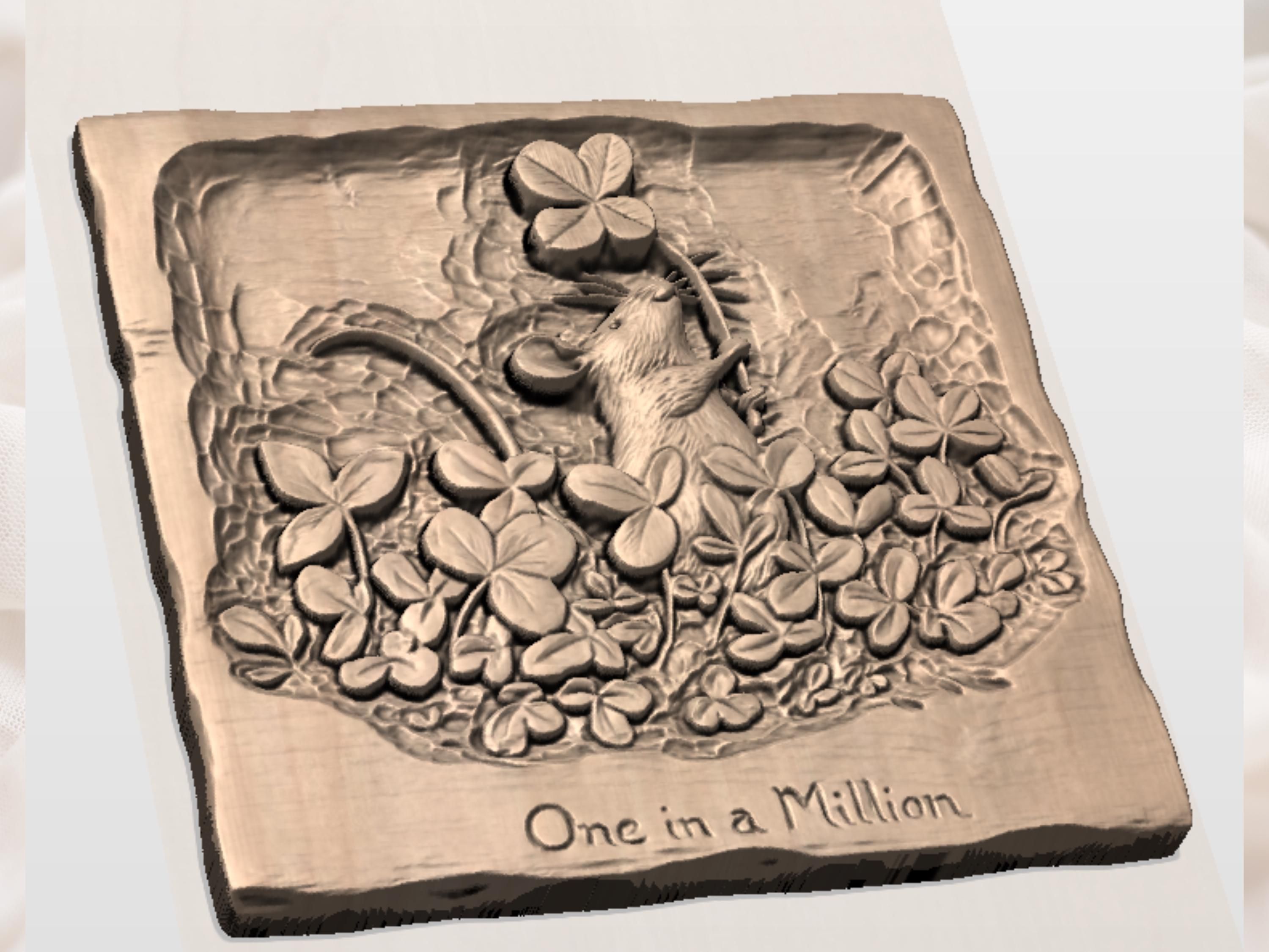One in a Million Mouse and Four-Leaf Clover Relief bas-relief STL — view 3
