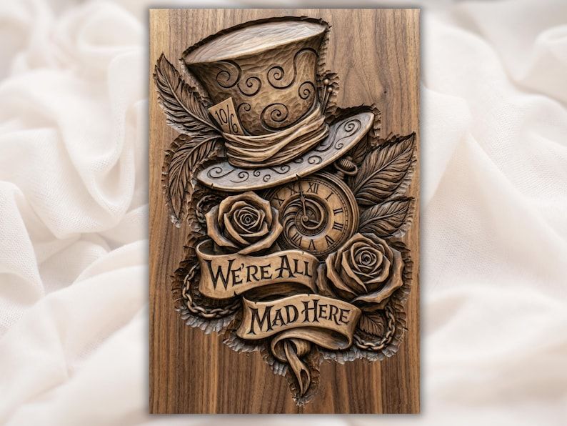 Carved walnut relief of a top hat, pocket watch, roses, and a banner reading We're All Mad Here.