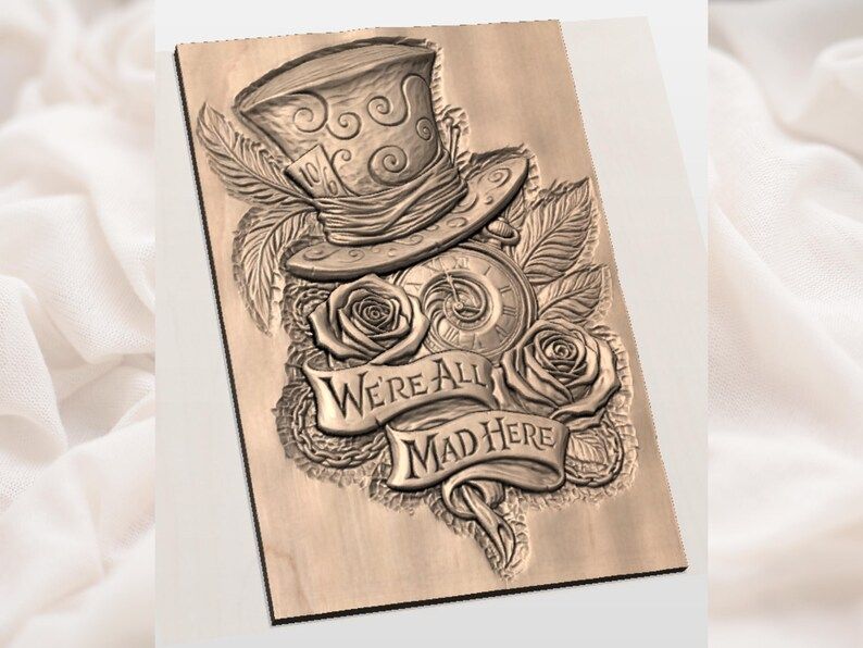 Mad Hatter Top Hat, Pocket Watch & Roses Relief STL bas-relief STL — view 2
