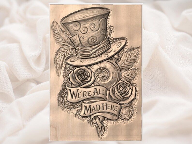 Mad Hatter Top Hat, Pocket Watch & Roses Relief STL bas-relief STL — view 3