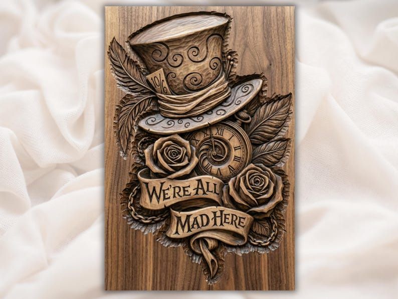 Mad Hatter Top Hat, Pocket Watch & Roses Relief STL bas-relief STL design