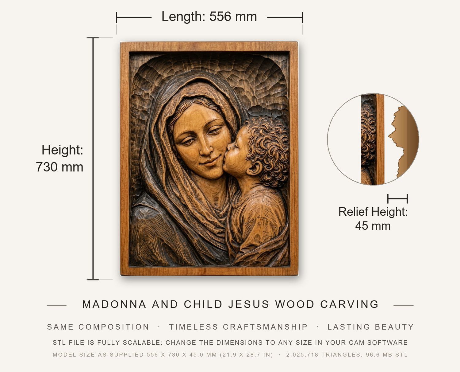 Madonna and Child Jesus Wood Carving CNC Relief STL bas-relief STL — view 3