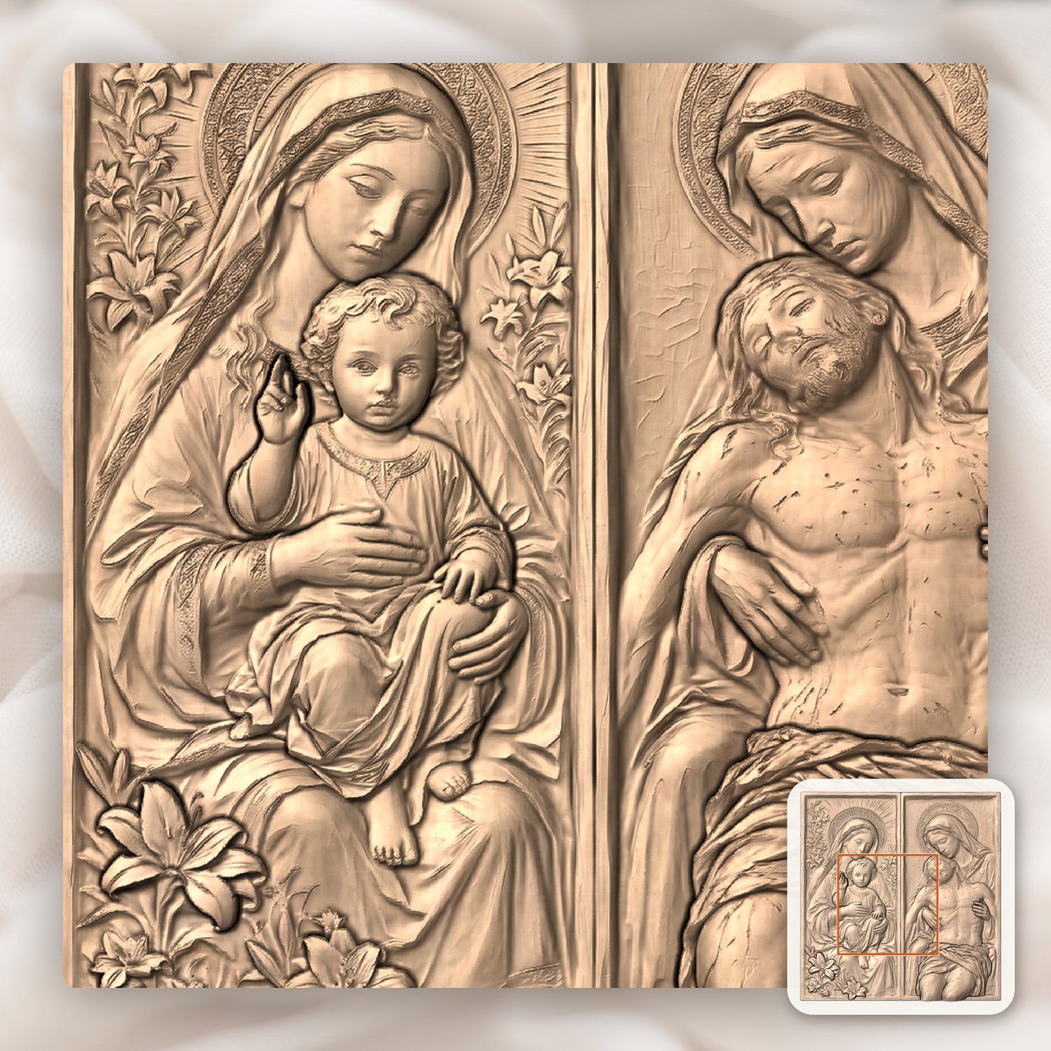 Madonna and Child Pieta Diptych CNC Relief STL bas-relief STL — view 6