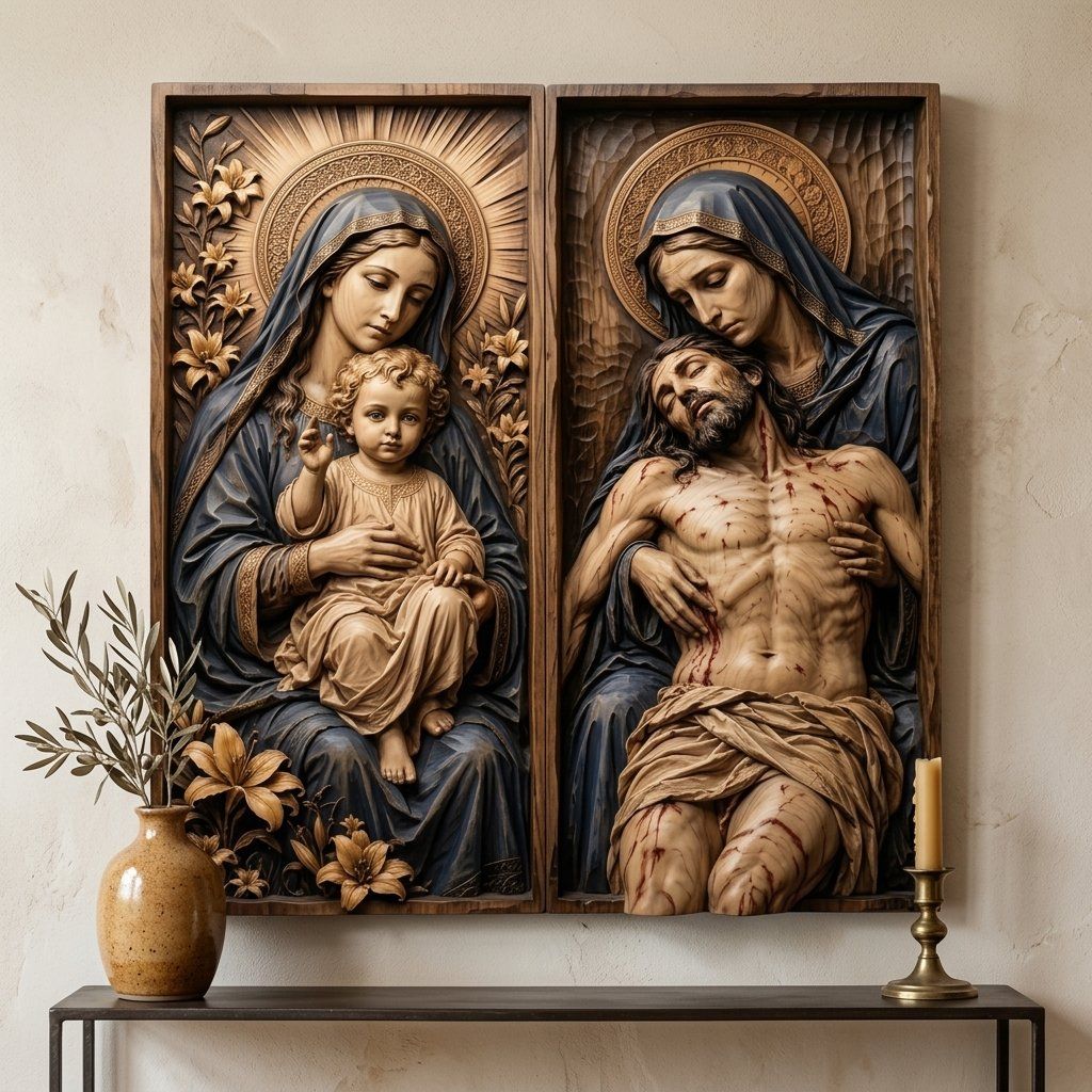 Madonna and Child with Pieta Sacred Diptych CNC Relief STL bas-relief STL — view 3