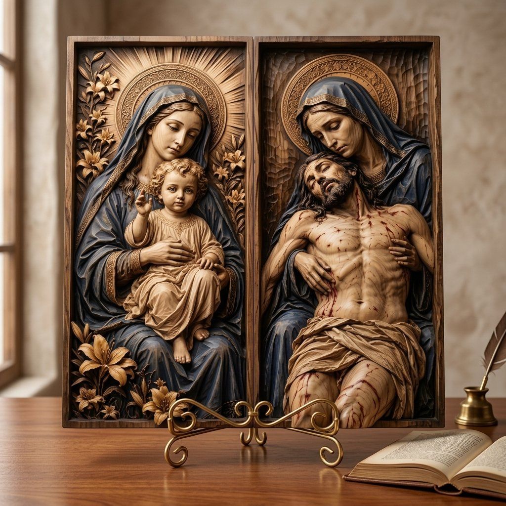 Madonna and Child with Pieta Sacred Diptych CNC Relief STL bas-relief STL — view 13