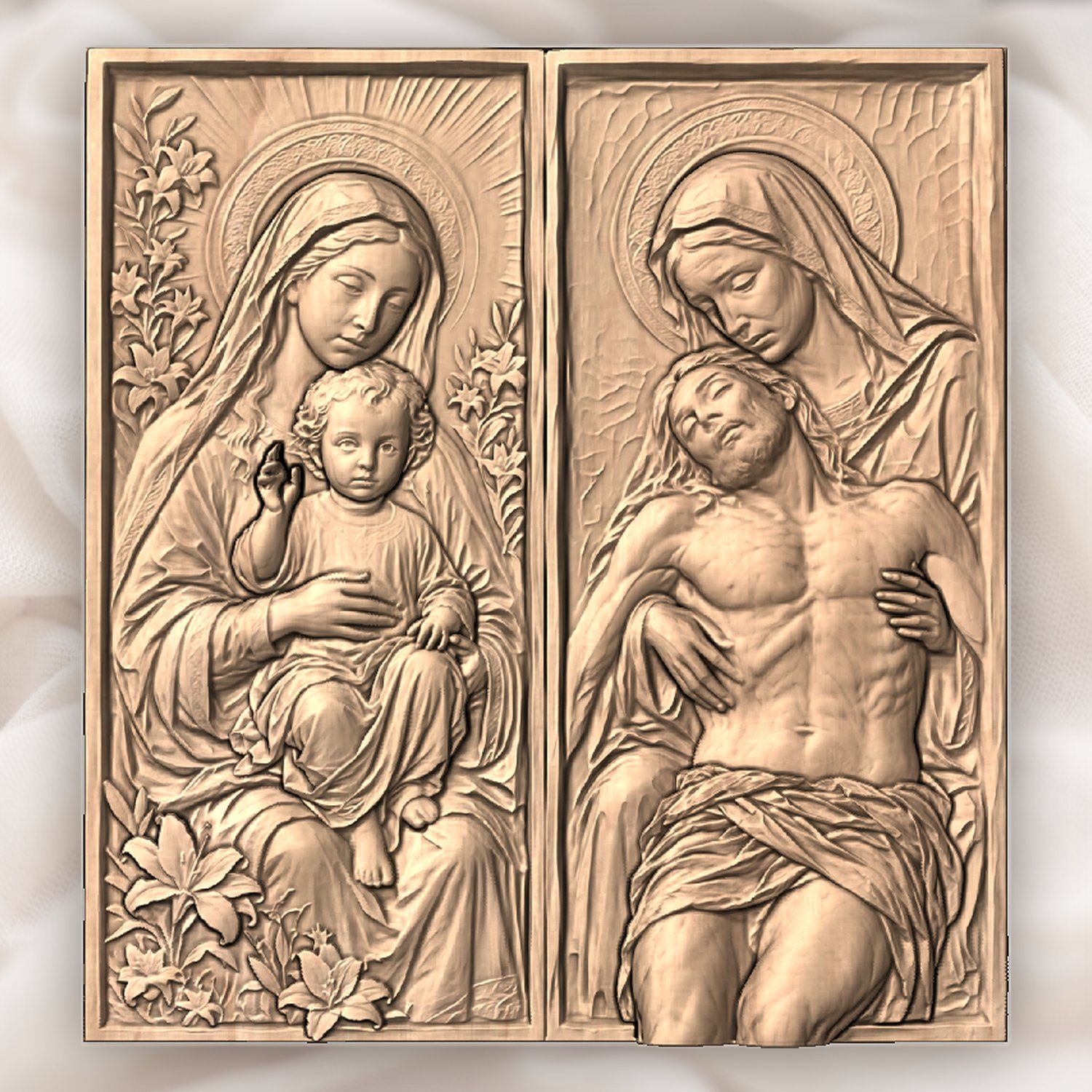 Madonna and Child with Pieta Sacred Diptych CNC Relief STL bas-relief STL — view 2