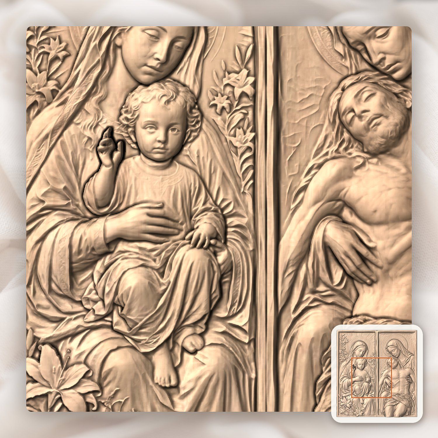 Madonna and Child with Pieta Sacred Diptych CNC Relief STL bas-relief STL — view 5