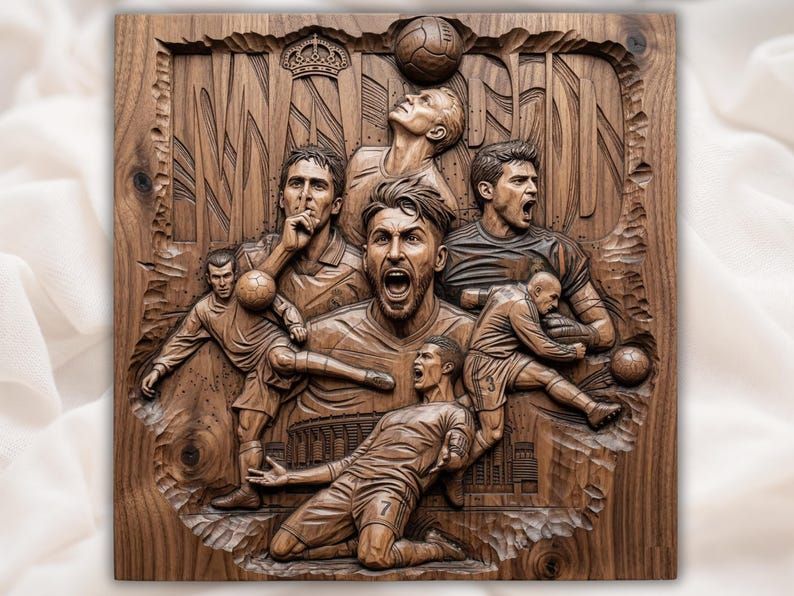Carved wood bas-relief of Madrid football players celebrating goals with a ball and stadium background.