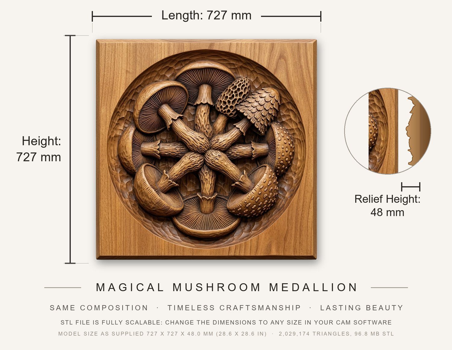 Magical Mushroom Medallion CNC Relief STL bas-relief STL — view 3