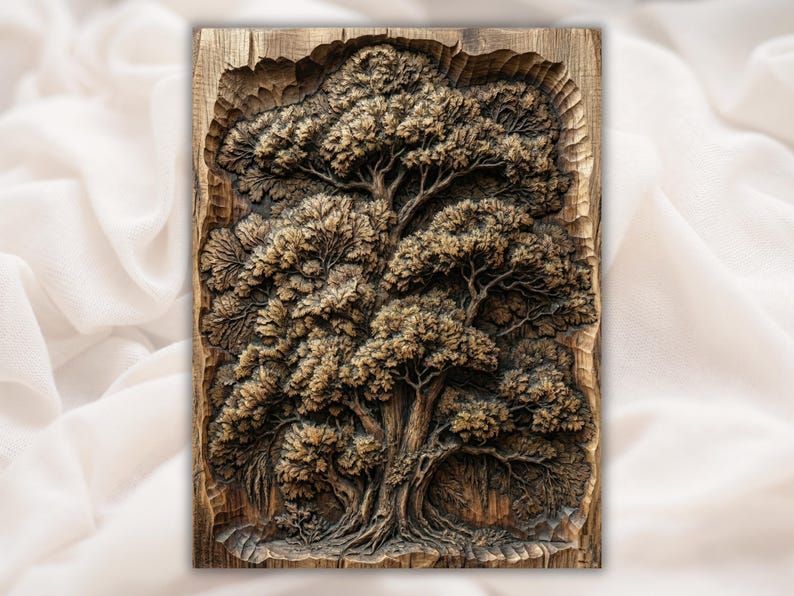 Carved wood bas-relief of an ancient oak tree of life with dense leafy canopy and twisting roots