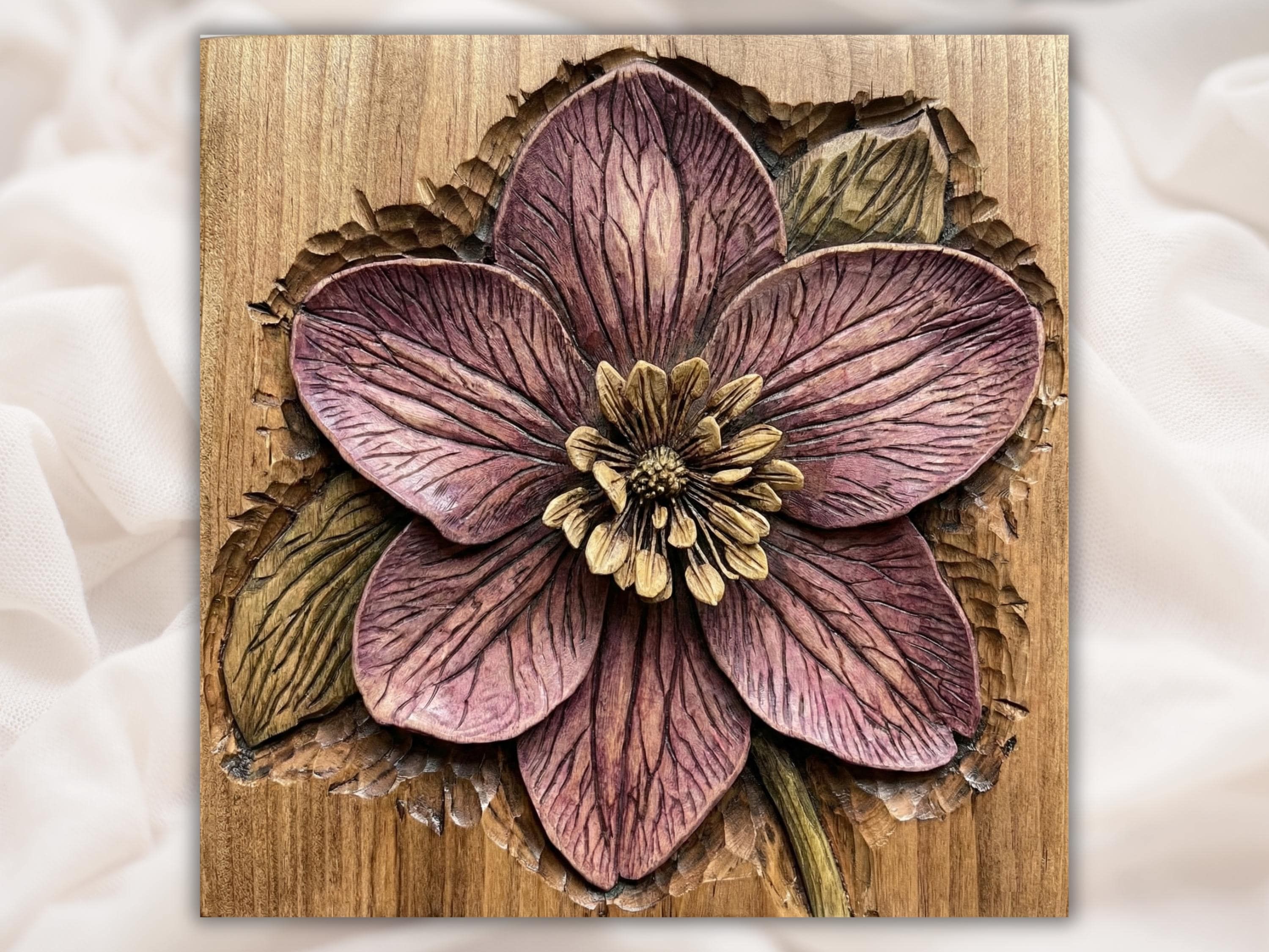 Carved wood bas-relief of a large layered flower with veined dusky petals and a golden petal center