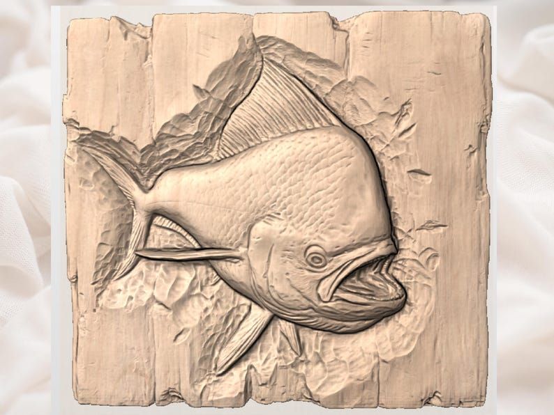 Mahi Mahi Bursting From Wood Bas-Relief STL Carving Model bas-relief STL — view 2