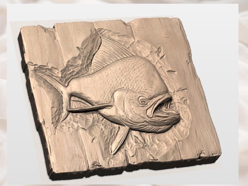 Mahi Mahi Bursting From Wood Bas-Relief STL Carving Model bas-relief STL — view 3