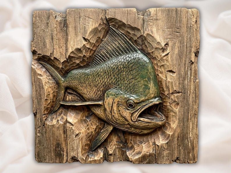 Mahi Mahi Bursting From Wood Bas-Relief STL Carving Model bas-relief STL design