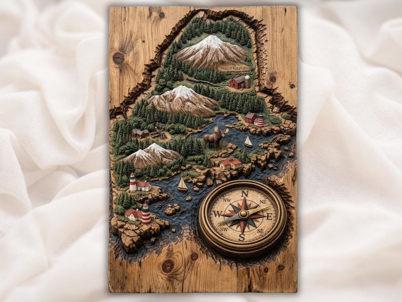 Carved 3D relief map of Maine with Mount Katahdin, pine forests, lighthouses, a moose, sailboats, and a compass rose.