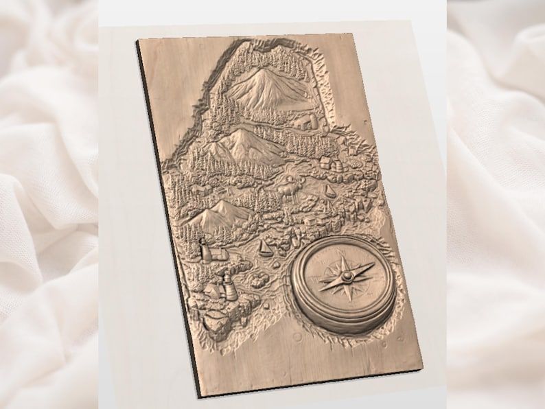 Maine Relief Map STL with Mount Katahdin and Compass Rose bas-relief STL — view 3