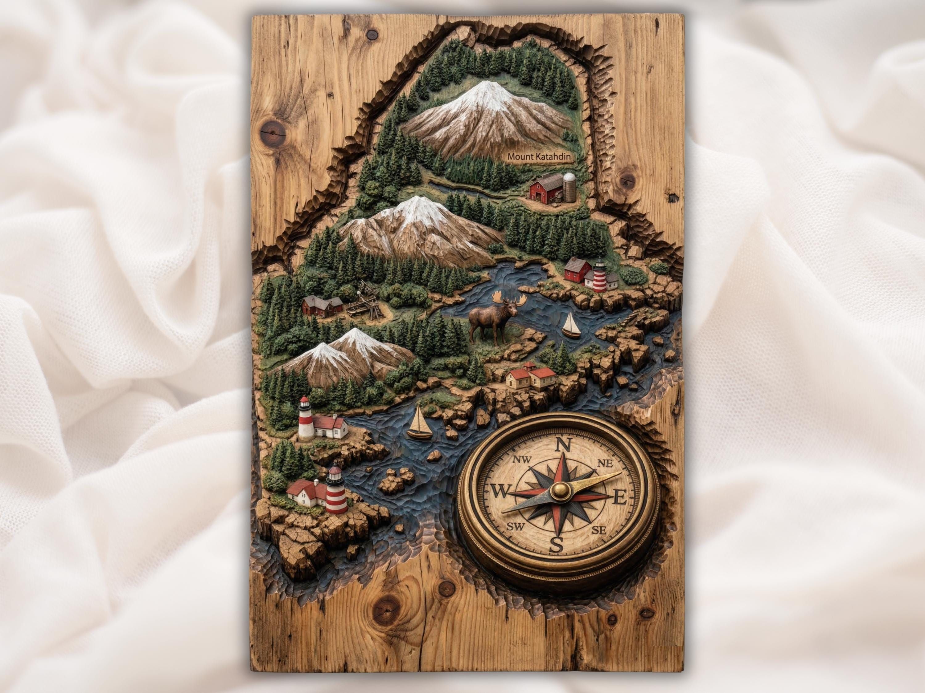 Carved Maine relief map with Mount Katahdin, pine forest, moose, sailboats, red barn, and a compass rose.