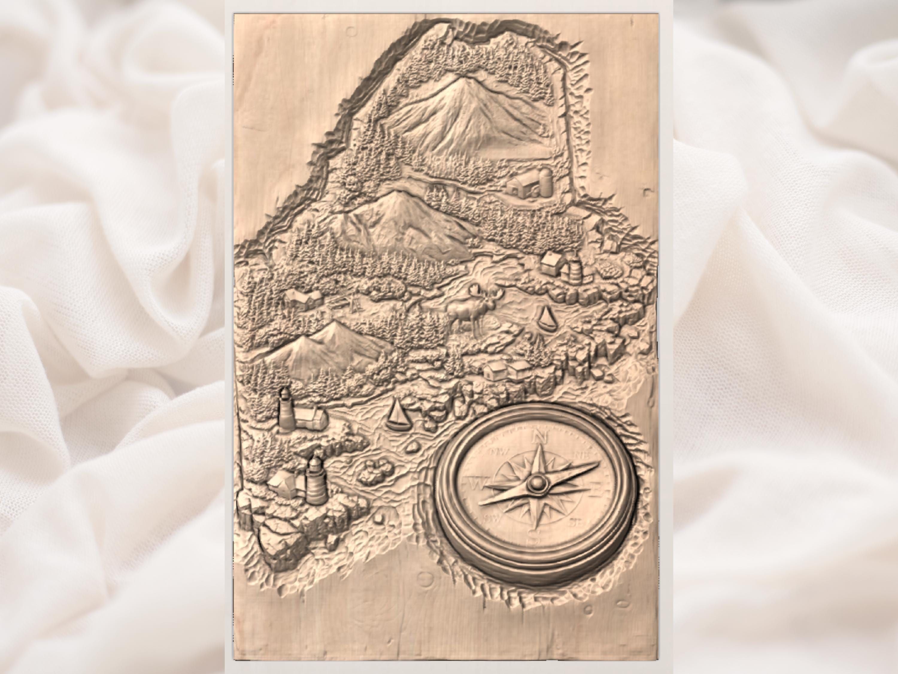 Maine Relief Map with Mount Katahdin, Moose, and Compass Rose bas-relief STL — view 2