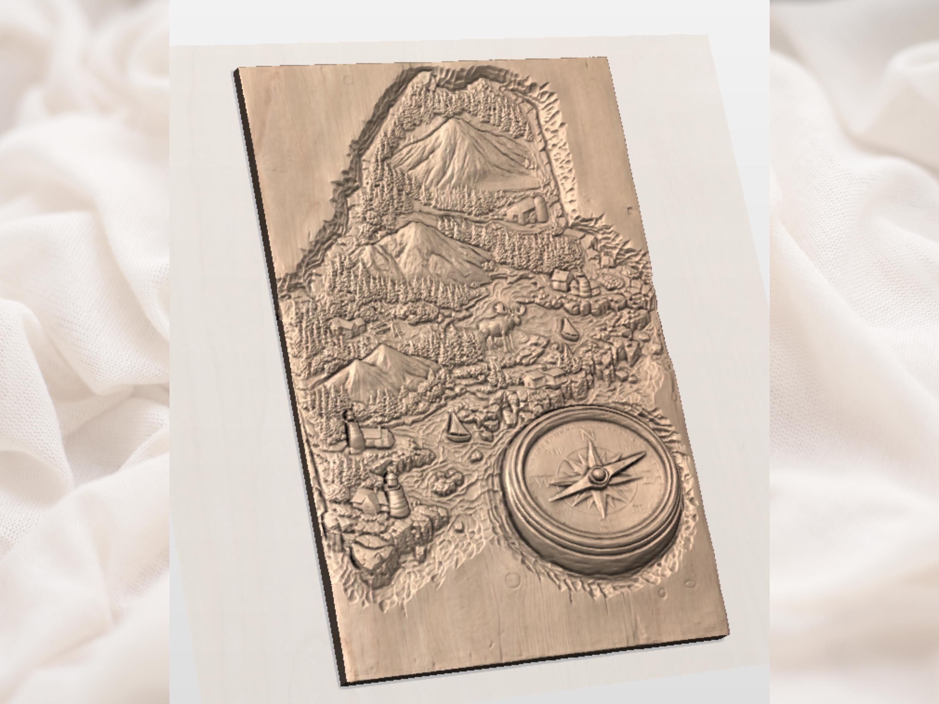 Maine Relief Map with Mount Katahdin, Moose, and Compass Rose bas-relief STL — view 3