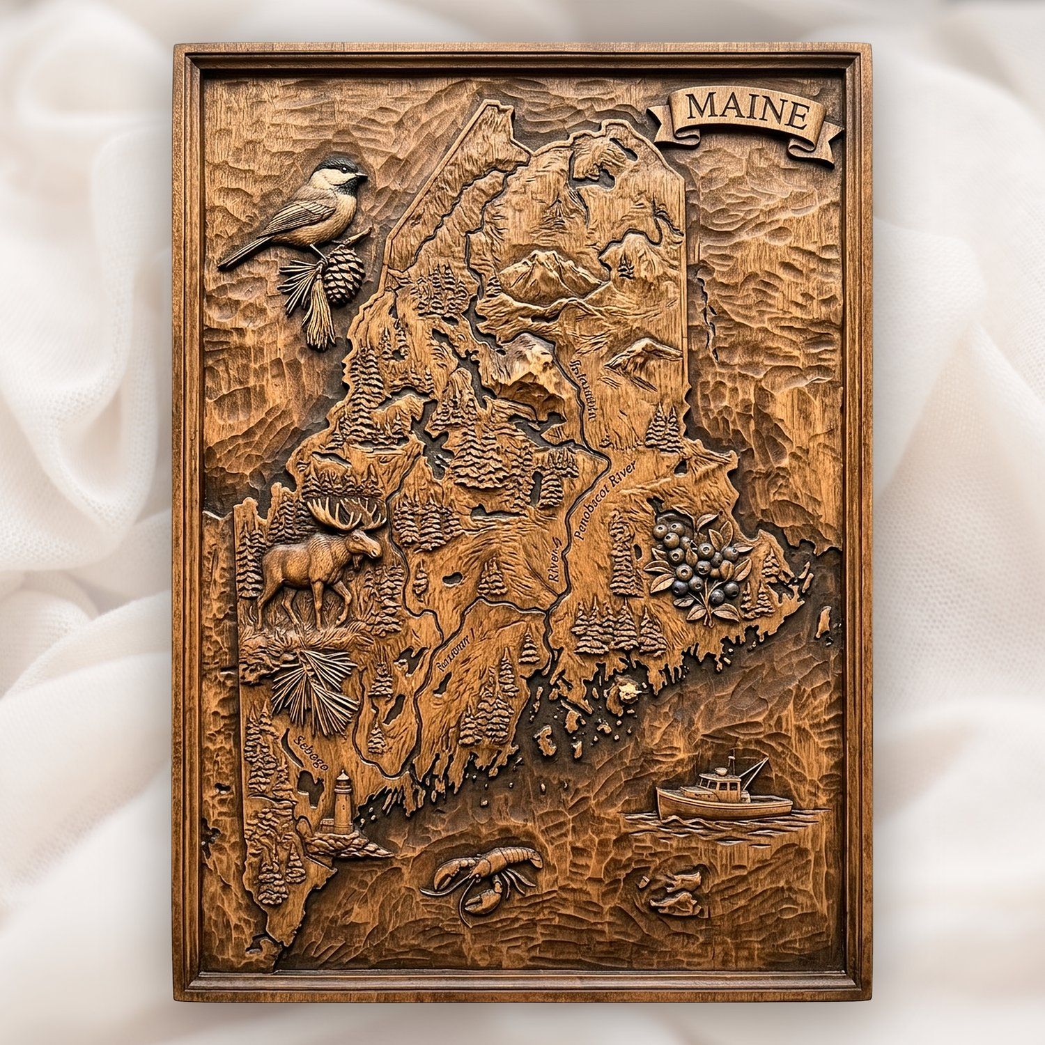 Maine State Map 3D Wood Carving CNC Relief STL bas-relief STL design