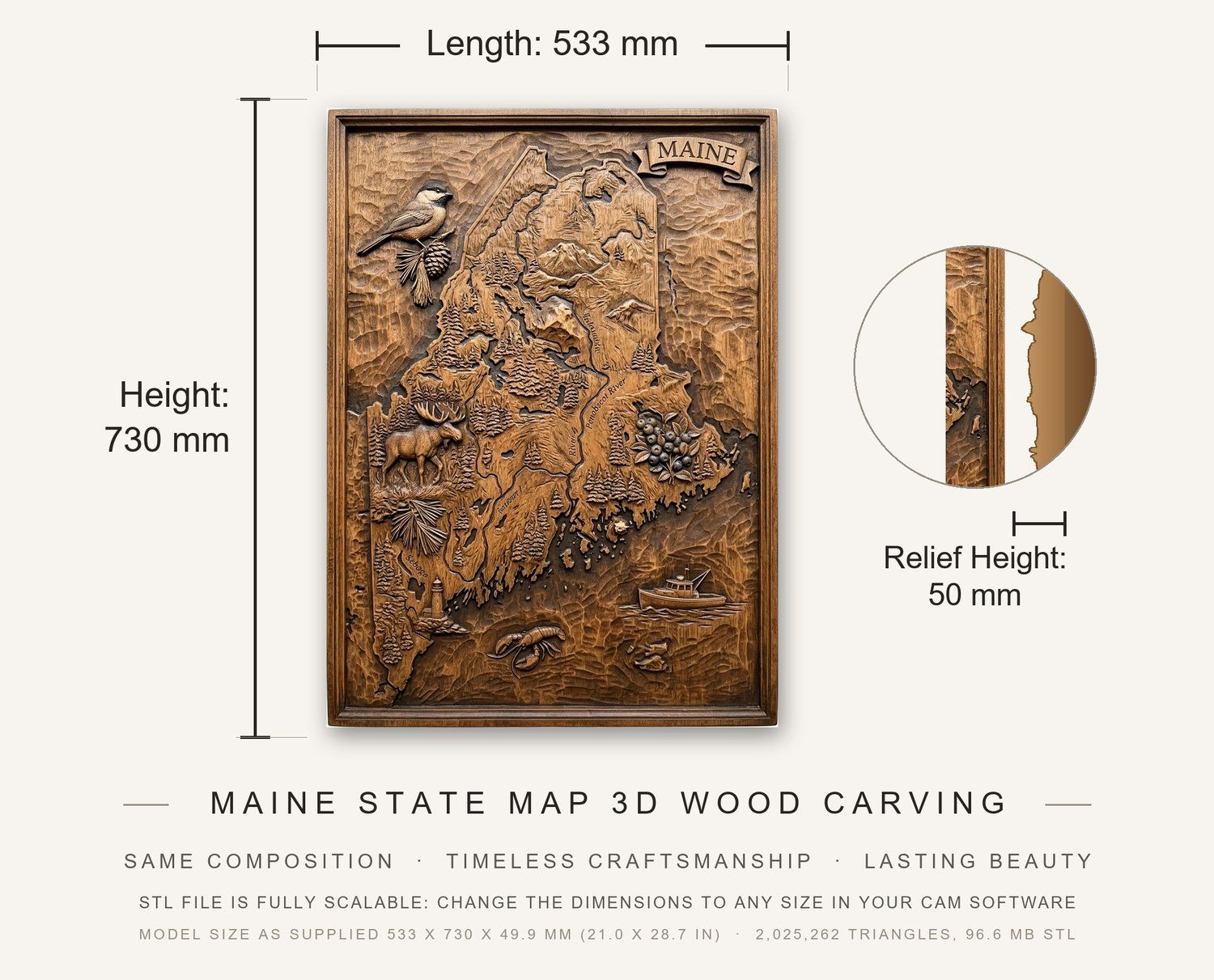 Maine State Map 3D Wood Carving CNC Relief STL bas-relief STL — view 3