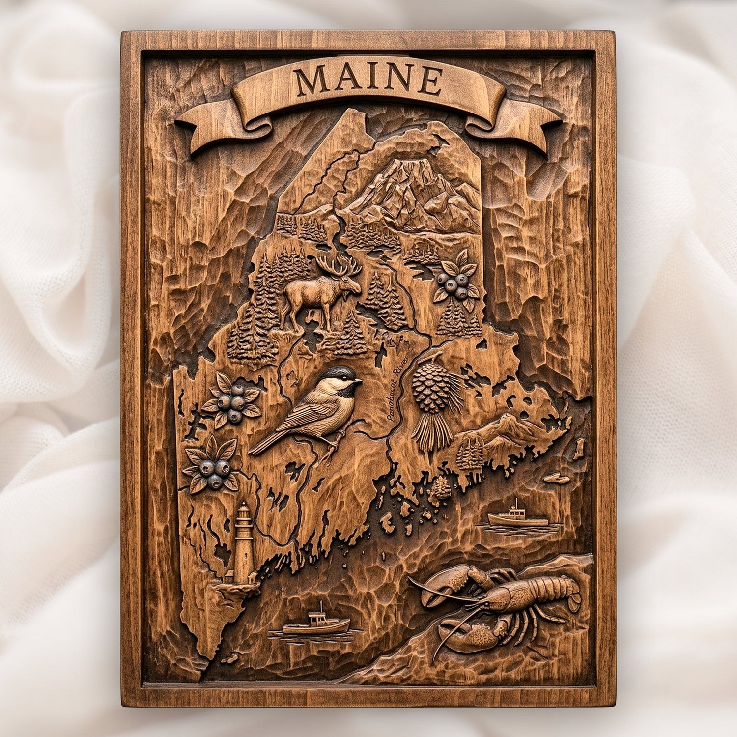 Maine State Map Nature Wildlife CNC Relief STL bas-relief STL design