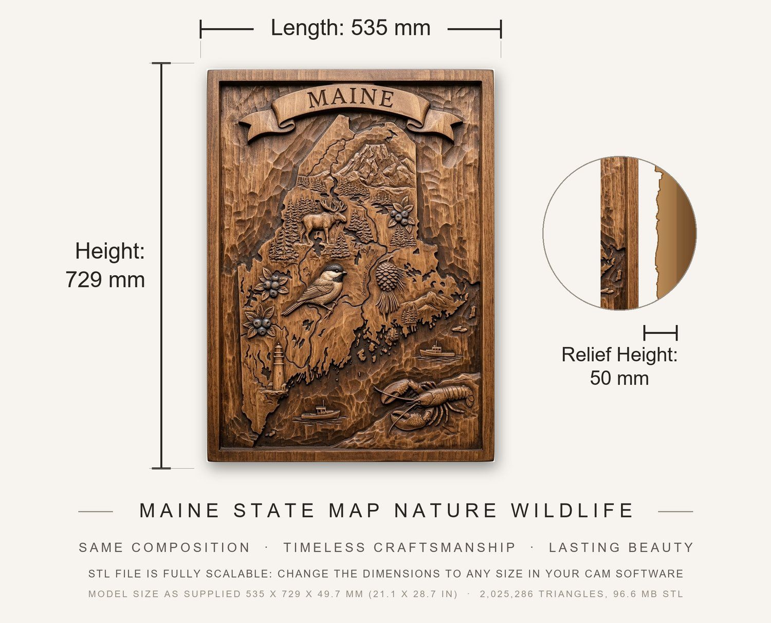 Maine State Map Nature Wildlife CNC Relief STL bas-relief STL — view 3