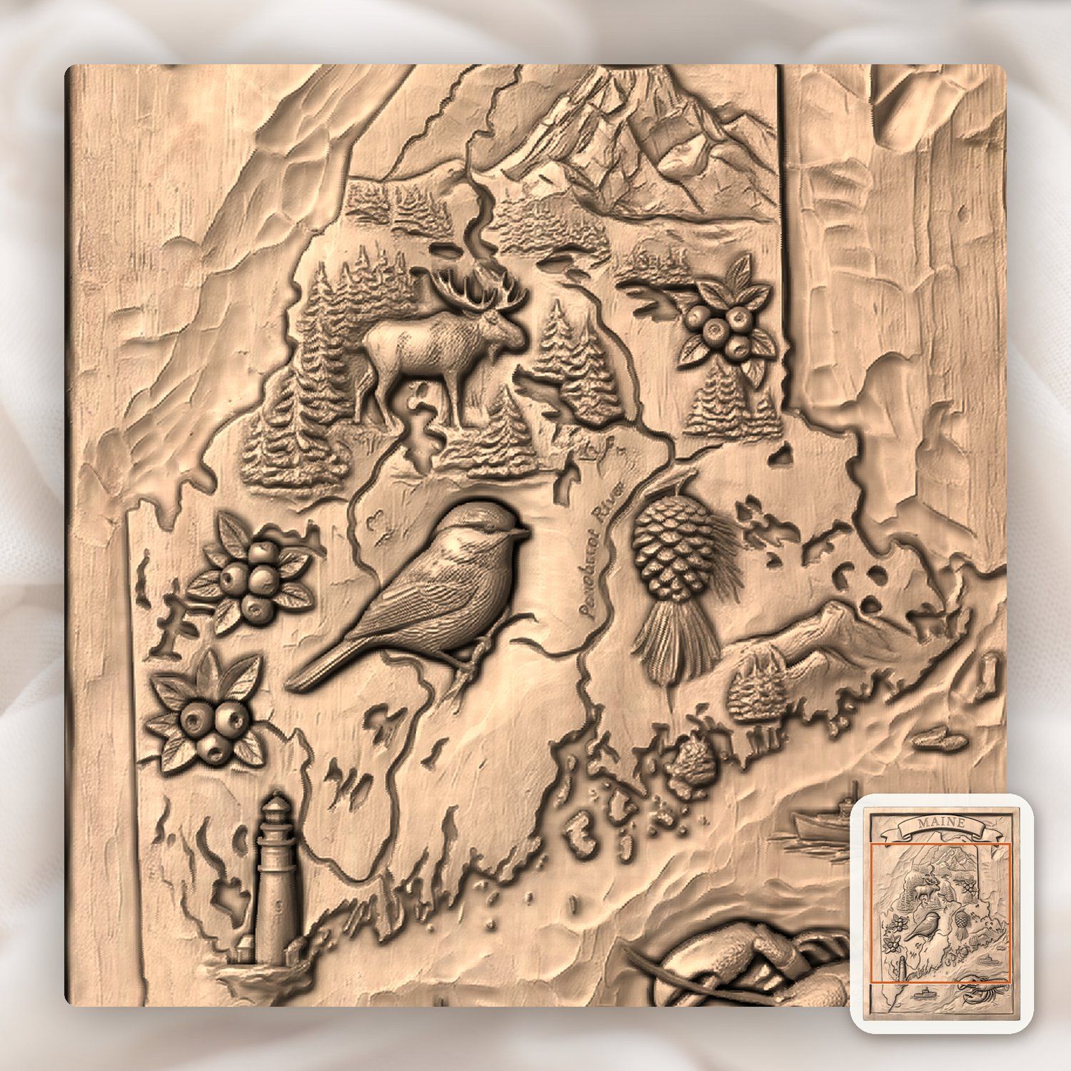 Maine State Map Nature Wildlife CNC Relief STL bas-relief STL — view 7