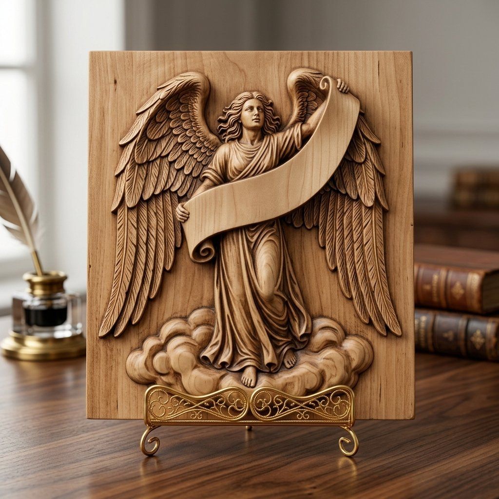 Majestic Angel with Blank Scroll Banner CNC Relief STL bas-relief STL — view 3