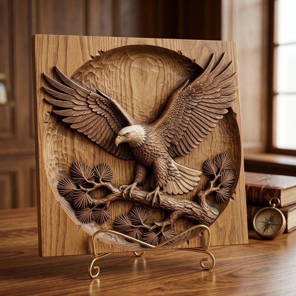 Majestic Bald Eagle on Pine Branch CNC Relief STL bas-relief STL — view 3