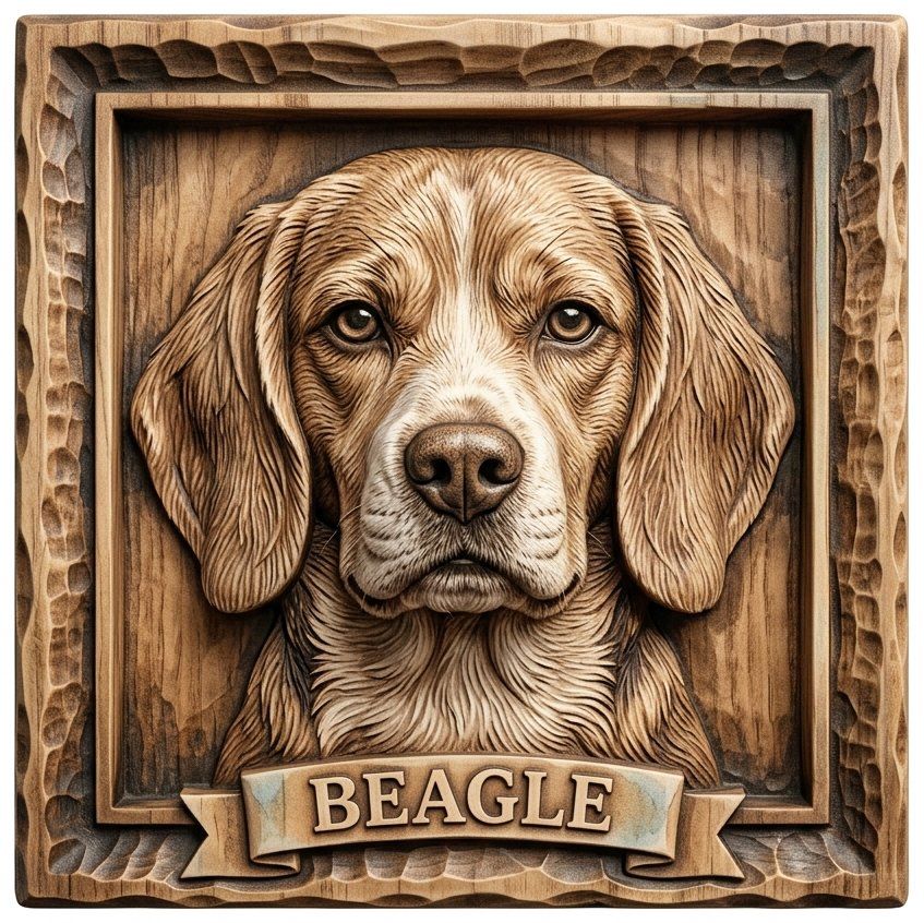 Majestic Beagle Hound Dog CNC Relief STL | Canine Wood Carving Design | Hunting Dog Wall Art Panel — carved bas relief STL file for CNC