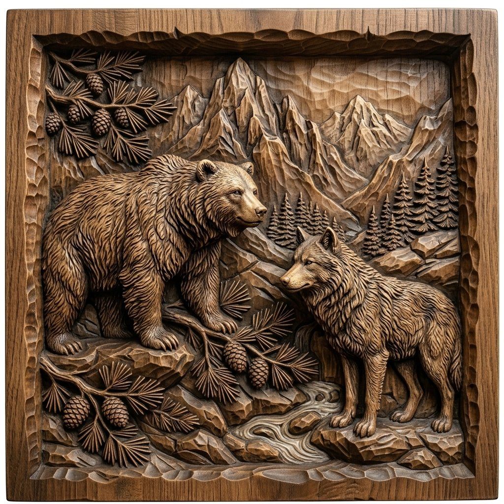 Majestic Bear and Wolf Mountain Wilderness CNC Relief STL | Wildlife Wood Carving Design | Rustic Forest Wall Art Panel | Nature Decor — carved bas relief STL file for CNC