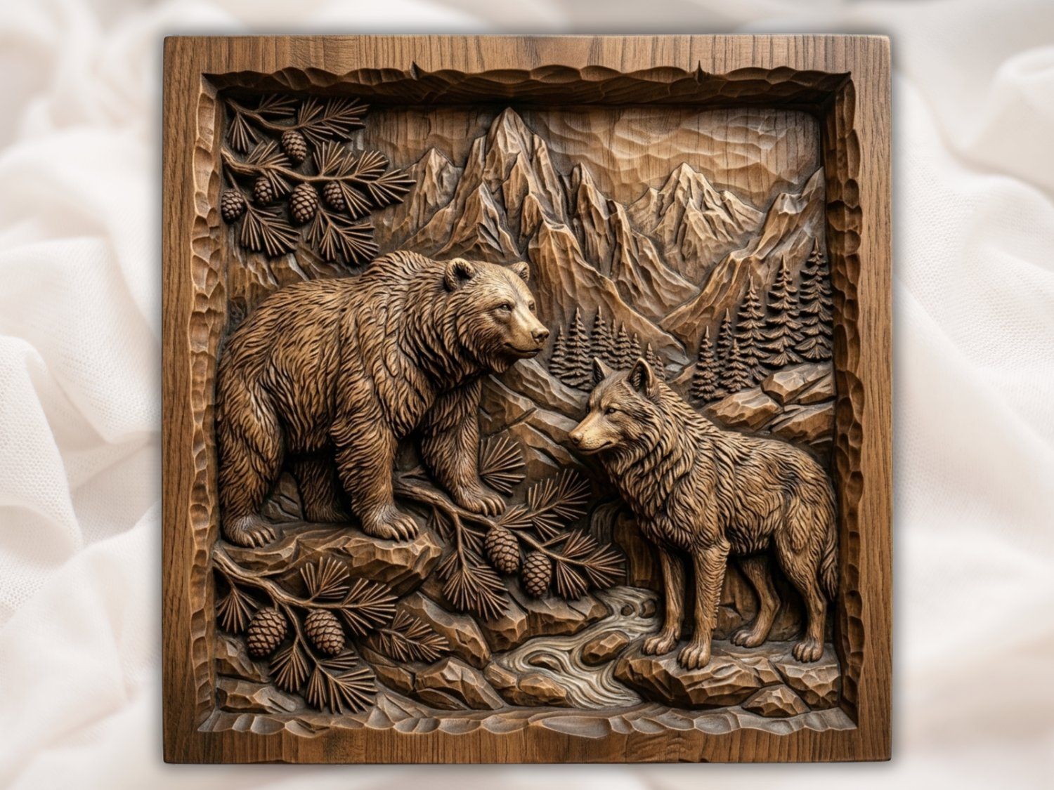 Majestic Bear and Wolf Mountain Wilderness CNC Relief STL bas-relief STL — view 2