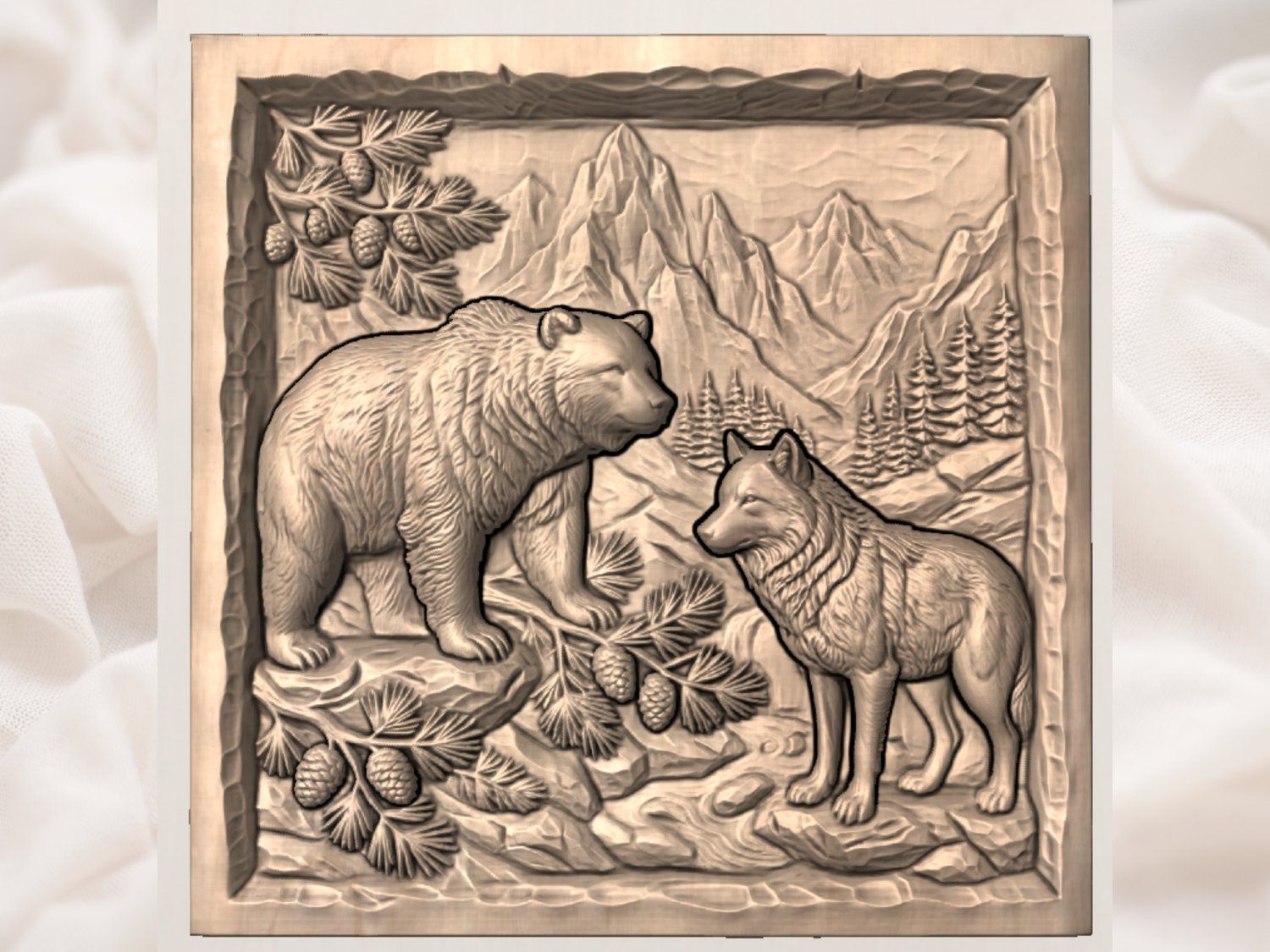 Majestic Bear and Wolf Mountain Wilderness CNC Relief STL bas-relief STL — view 3