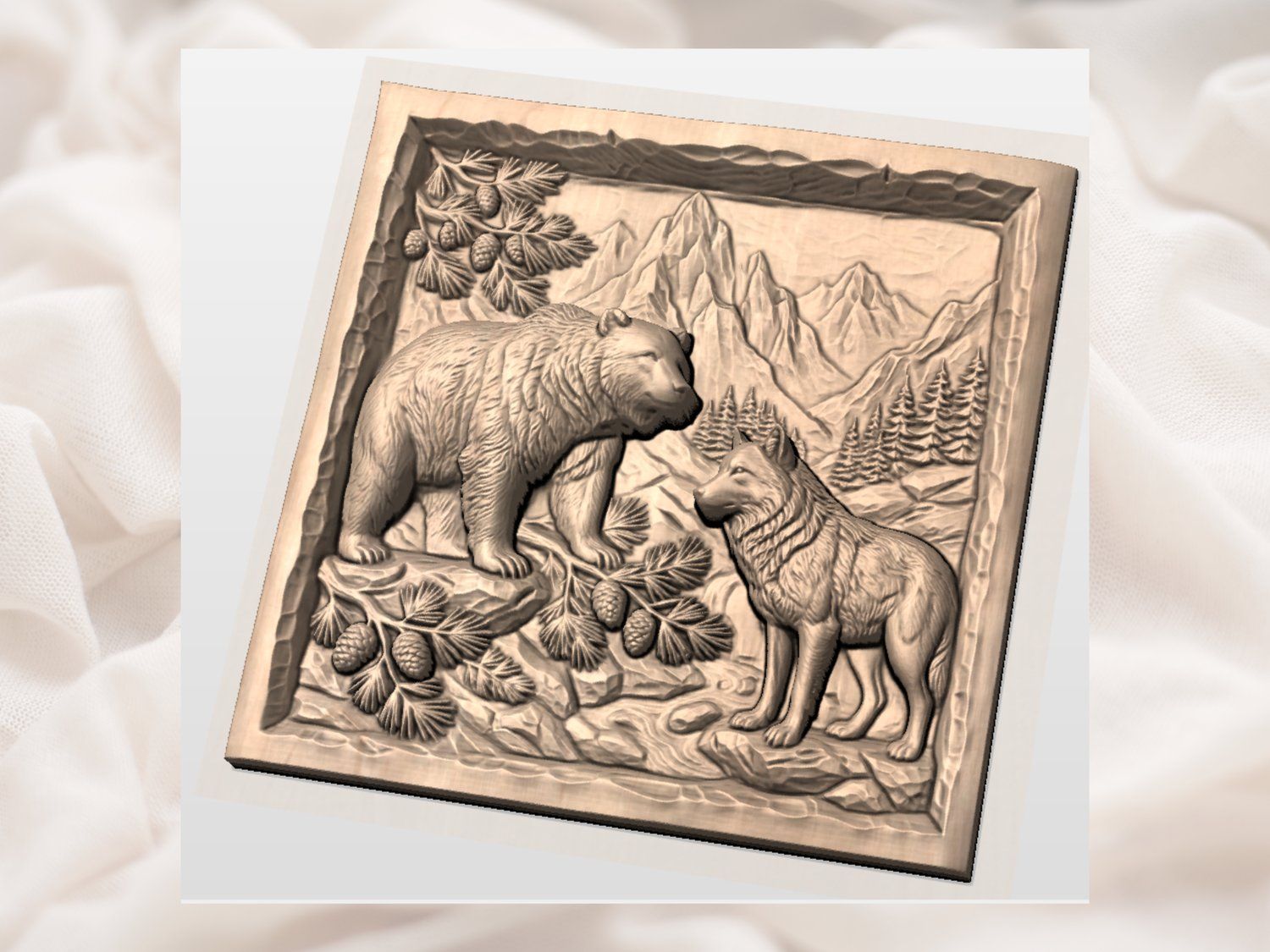 Majestic Bear and Wolf Mountain Wilderness CNC Relief STL bas-relief STL — view 4