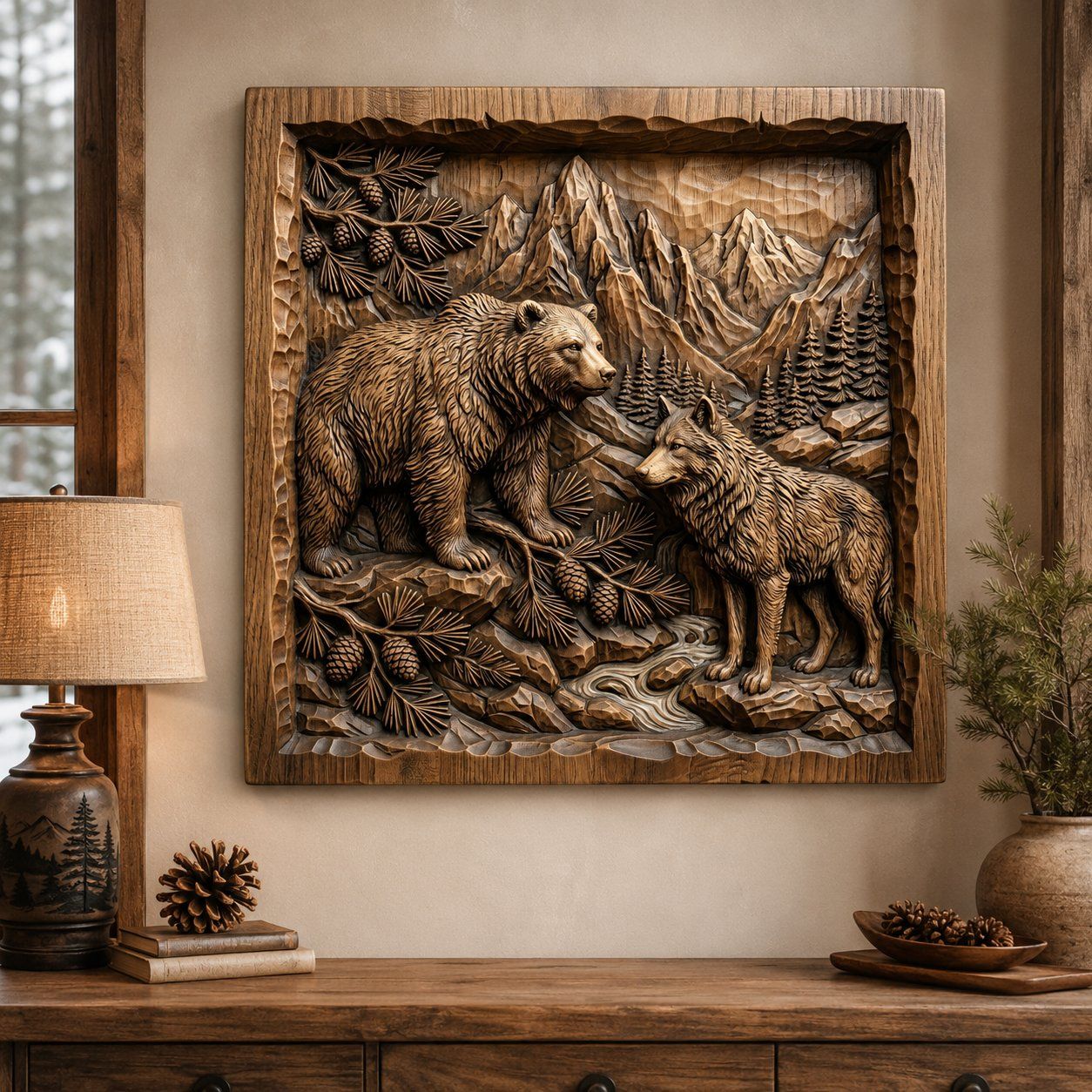 Majestic Bear and Wolf Mountain Wilderness CNC Relief STL bas-relief STL — view 5