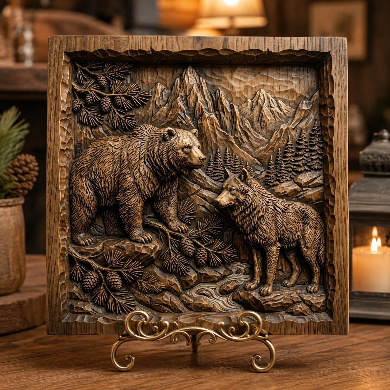Majestic Bear and Wolf Mountain Wilderness CNC Relief STL bas-relief STL — view 6