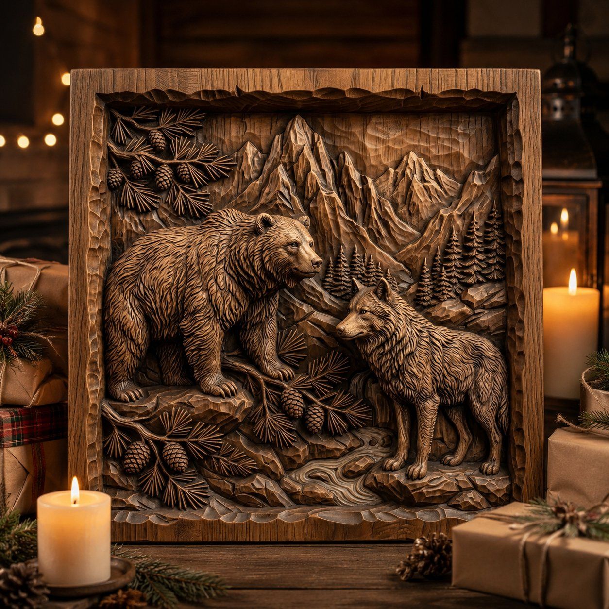 Majestic Bear and Wolf Mountain Wilderness CNC Relief STL bas-relief STL — view 8