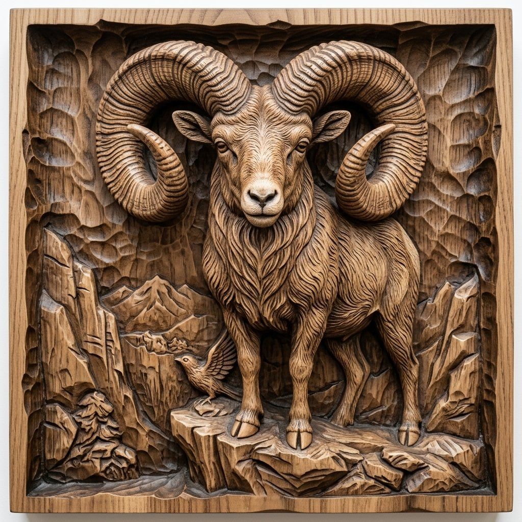 Majestic Bighorn Ram CNC Relief STL | Wildlife Mountain Wall Art | Rustic Lodge Wood Carving Design | Nature Panel Decor — carved bas relief STL file for CNC