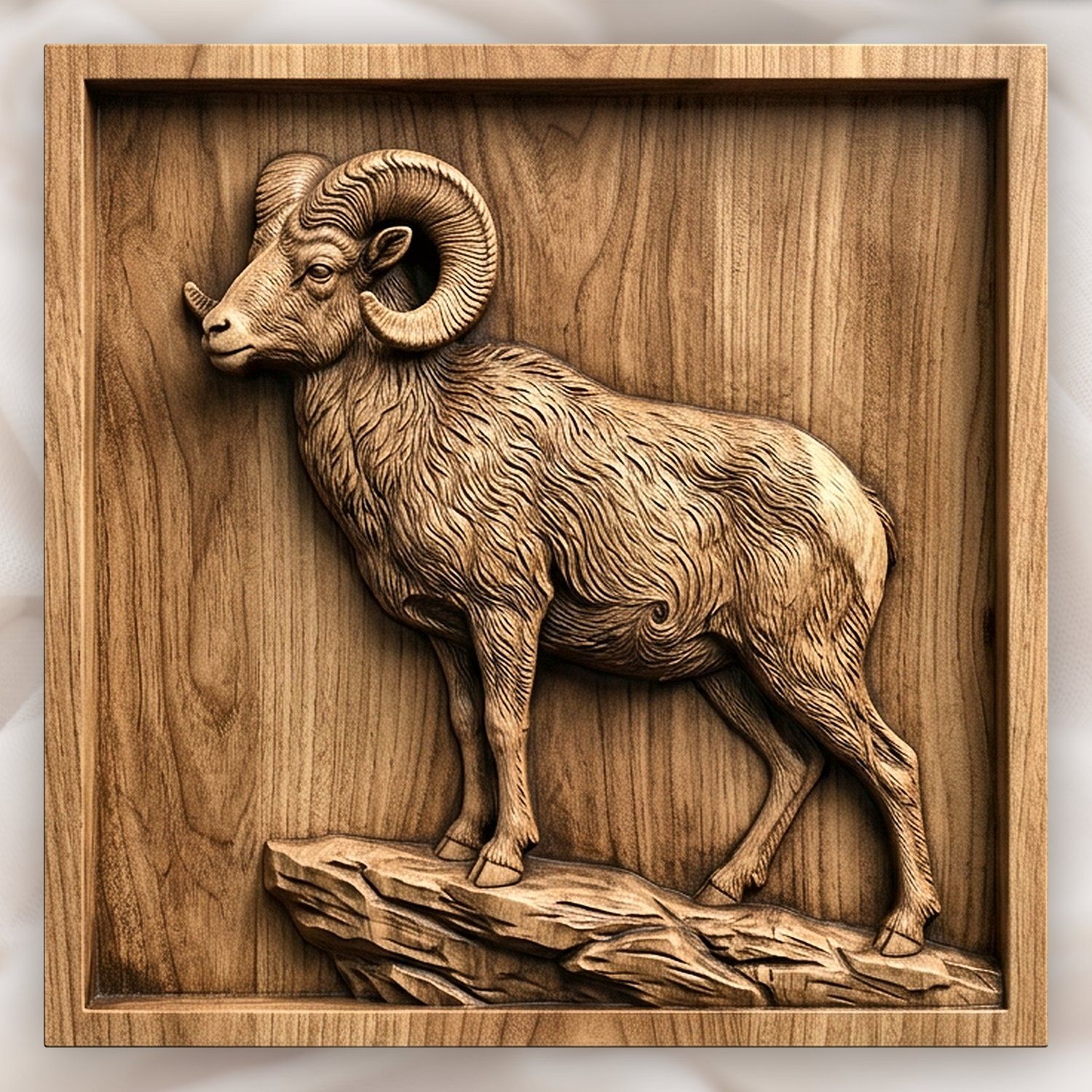 Majestic Bighorn Ram Mountain Scene CNC Relief STL | Wildlife Wood Carving Design | Rustic Cabin Wall Art Panel — carved bas relief STL file for CNC