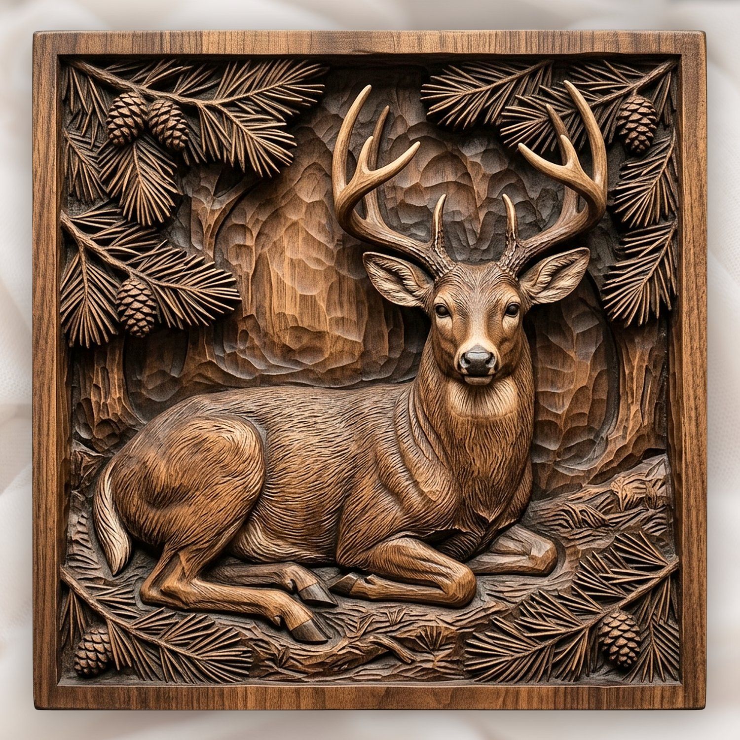 Majestic Buck Deer Bedded in Pine Forest CNC Relief STL bas-relief STL design