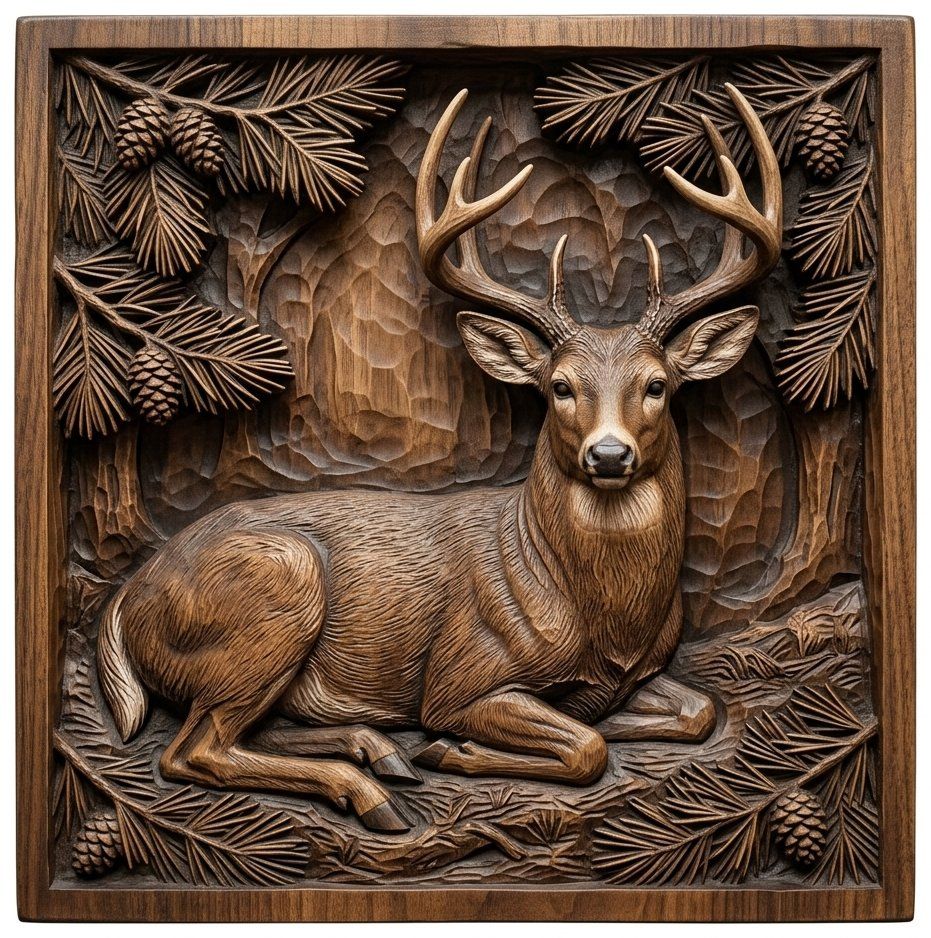 Majestic Buck Deer Bedded in Pine Forest CNC Relief STL bas-relief STL — view 4