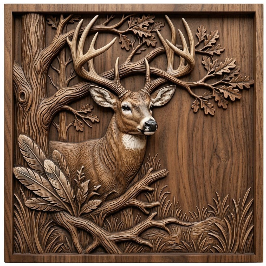 Majestic Buck Deer Oak Tree Scene CNC Relief STL bas-relief STL — view 13