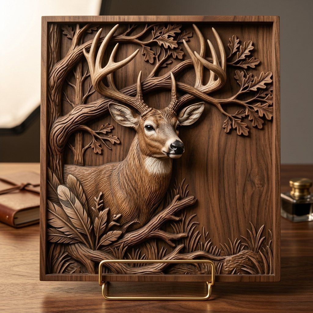 Majestic Buck Deer Oak Tree Scene CNC Relief STL bas-relief STL — view 3