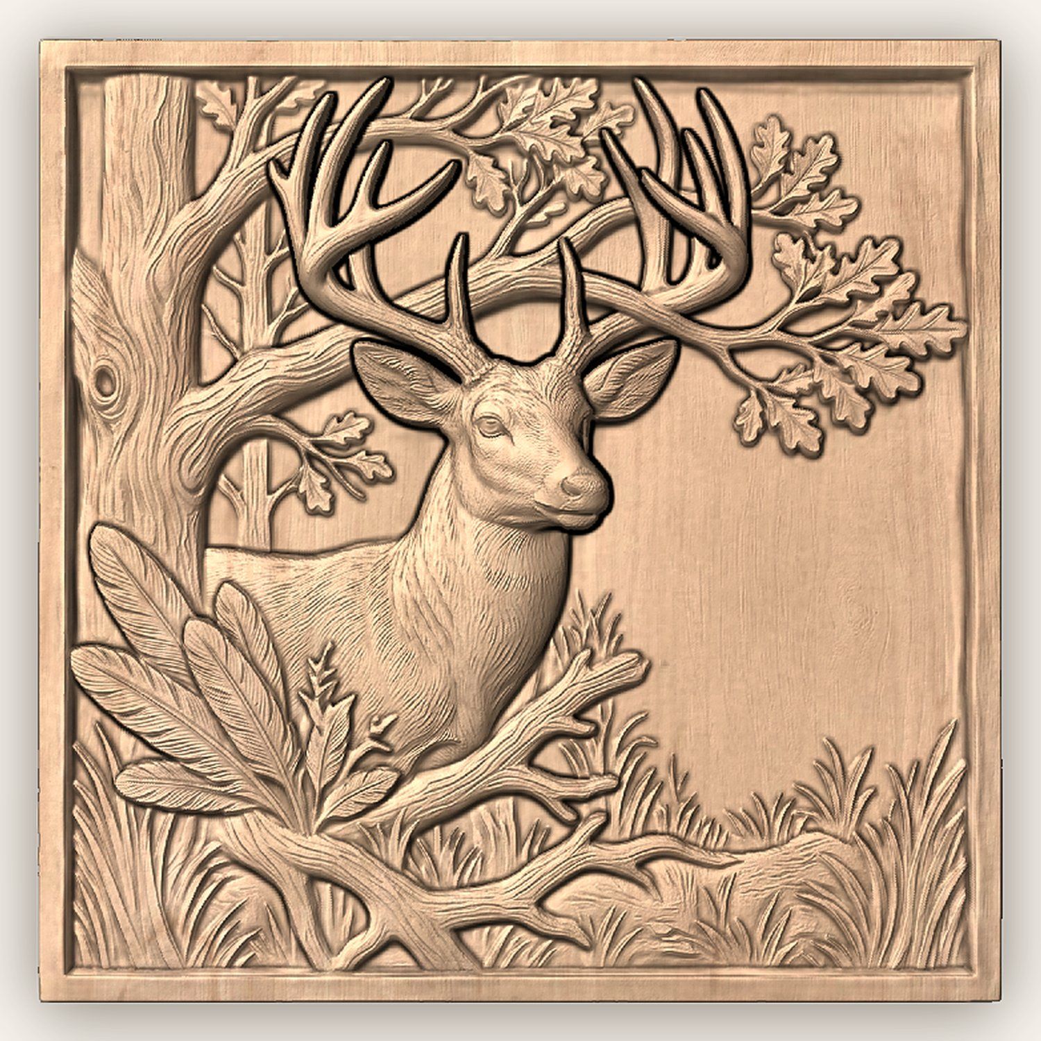 Majestic Buck Deer Oak Tree Scene CNC Relief STL bas-relief STL — view 4