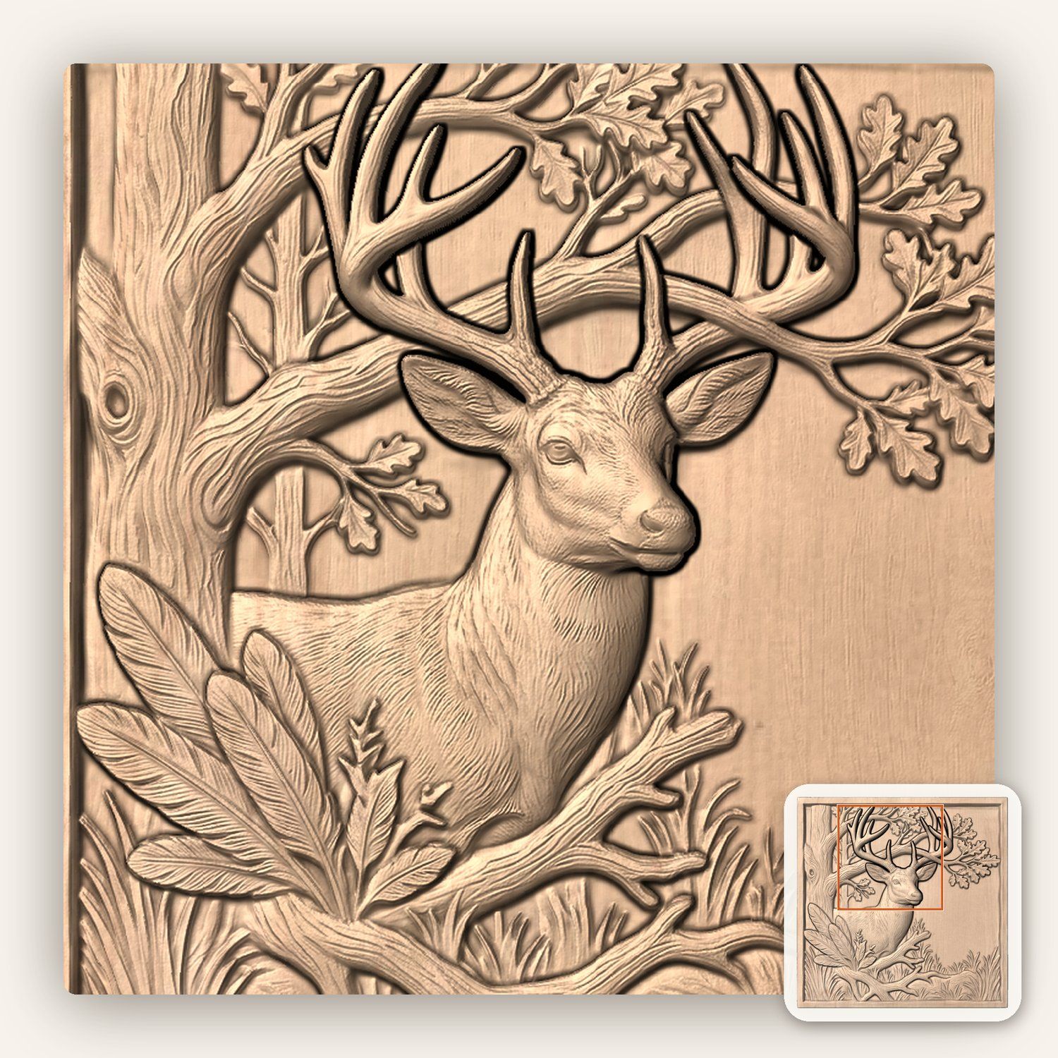 Majestic Buck Deer Oak Tree Scene CNC Relief STL bas-relief STL — view 6
