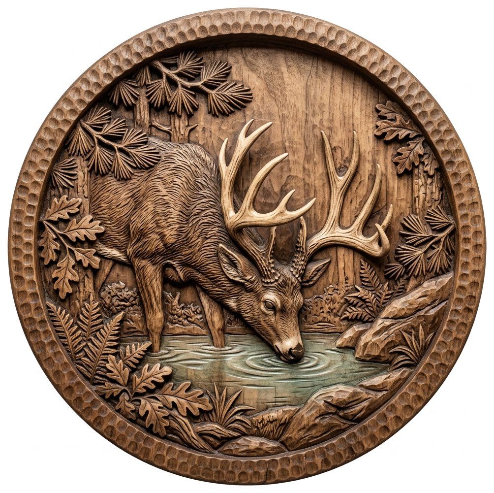 Majestic Buck Drinking Forest Water | Wildlife CNC Wood Carving Wall Art | Rustic Cabin Decor Panel | Large Deer Nature Relief — carved bas relief STL file for CNC