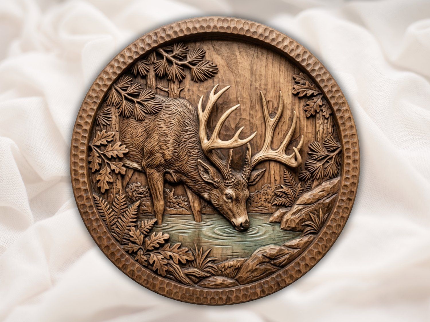 Majestic Buck Drinking Forest Water bas-relief STL — view 2